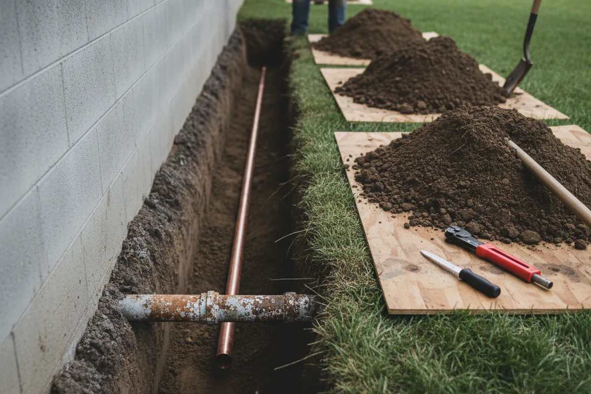 Excavated water line trench during Sewer Line Repair in Rogers